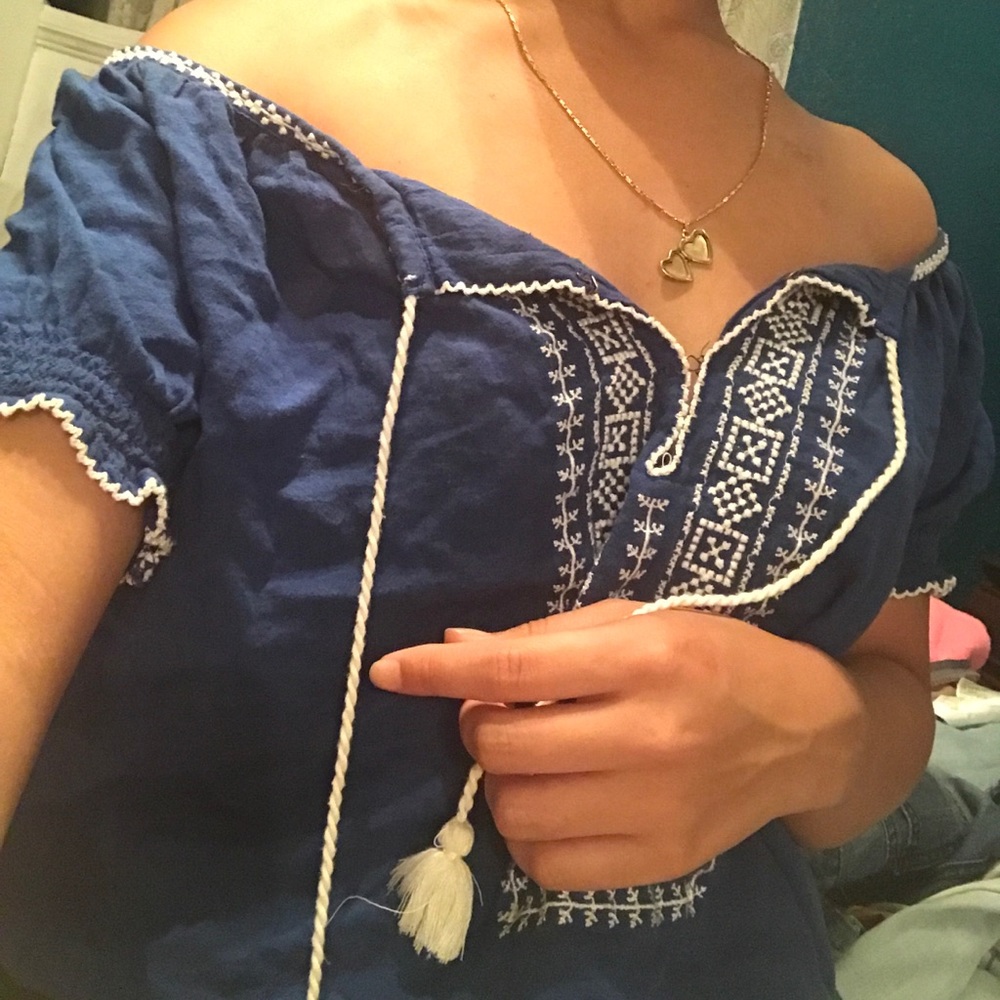 Blue off the shoulder tassel top